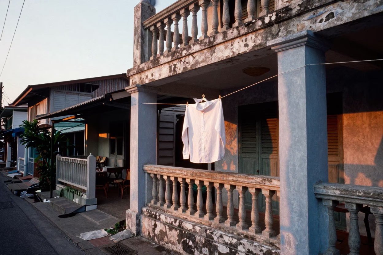 Morning light on Phuket street with clothesline and deck chairs in in Phuket, Thailand