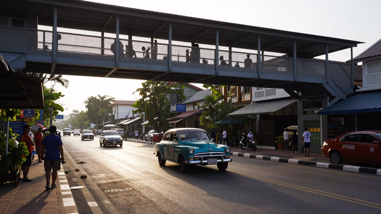 Morning Light on Phuket Street with Vintage Car Rally and Pedestrian Overpass in in Phuket, Thailand