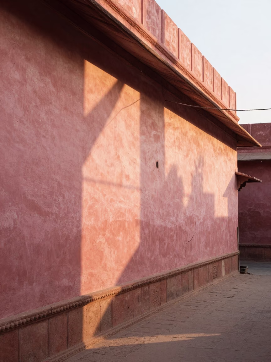 Morning Light on Pink Sandstone Walls in Jaipur India with Hanging Laundry in in Jaipur, India