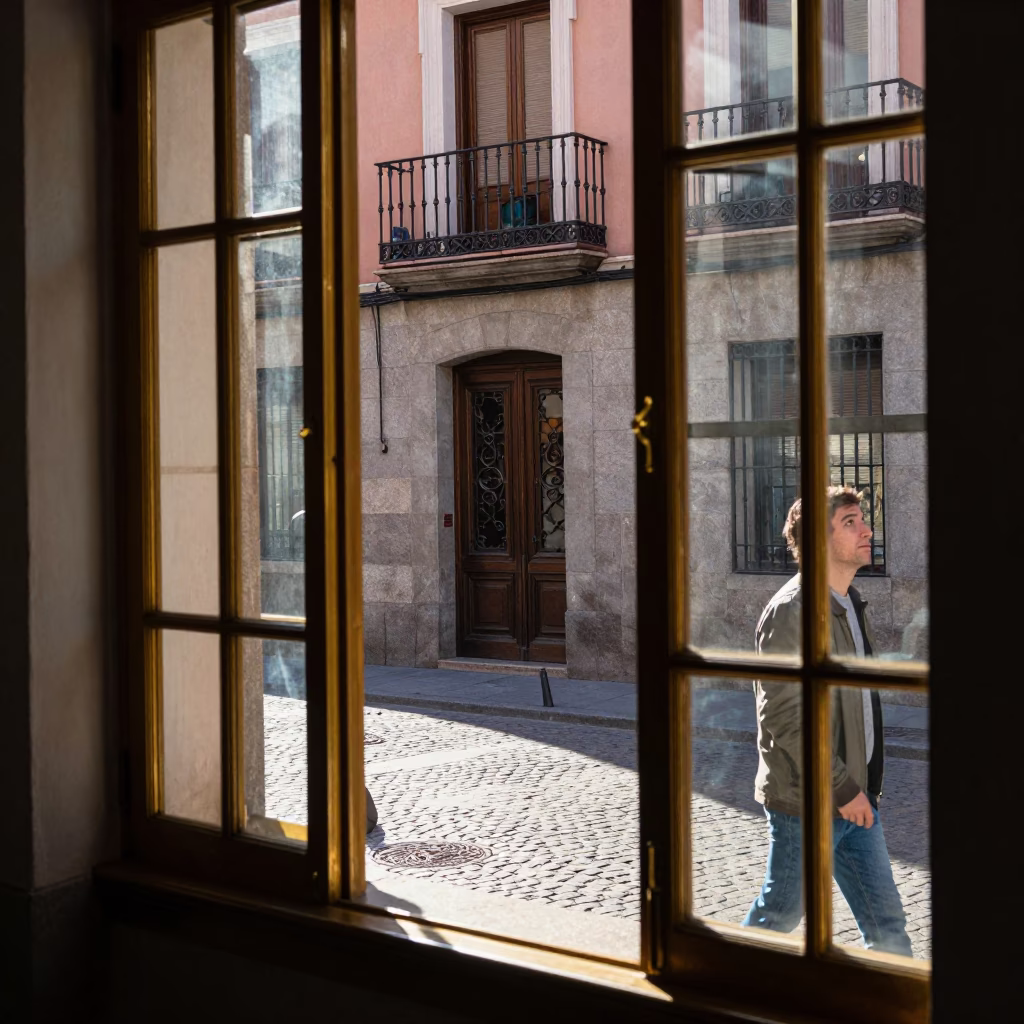 Morning light on polished brass window frames in Madrid Spain street scene in in Madrid, Spain
