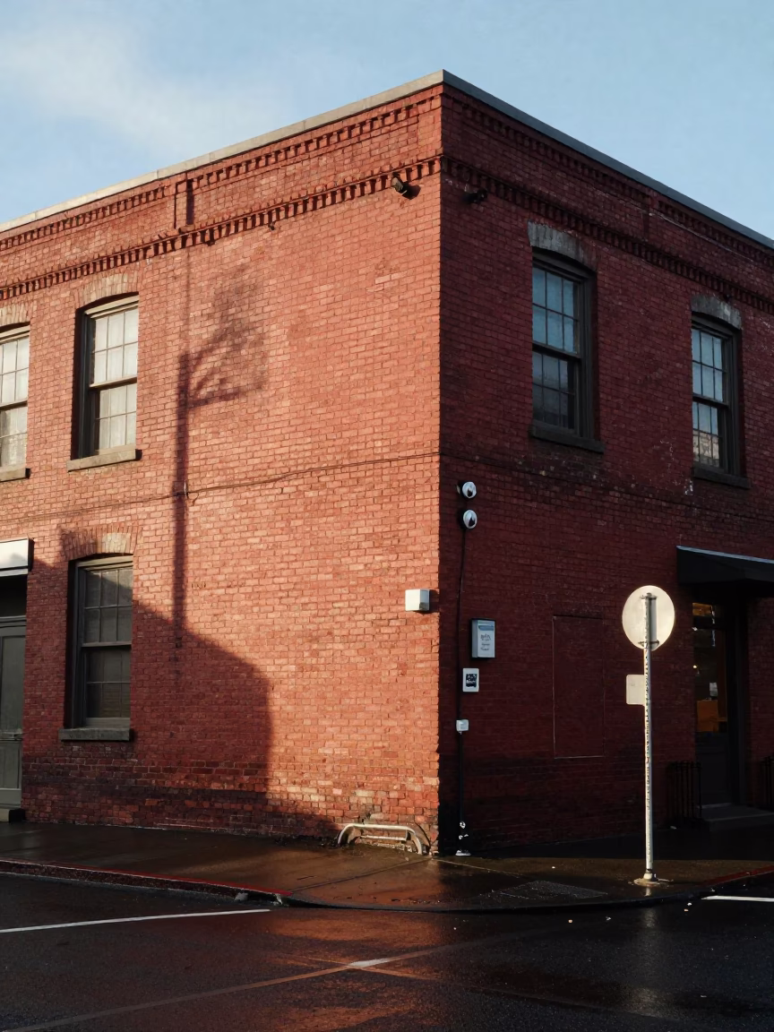 Morning light on Portland street corner with coffee cup and wooden latch detail in in Portland, Oregon, United States