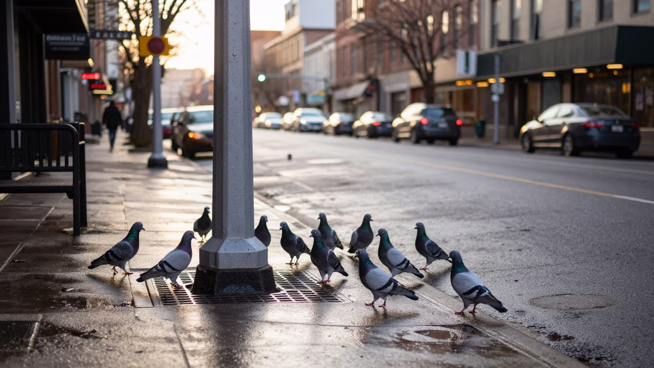Morning Light on Portland Street Corner with Pigeons and Wet Leaves in in Portland, Oregon, United States