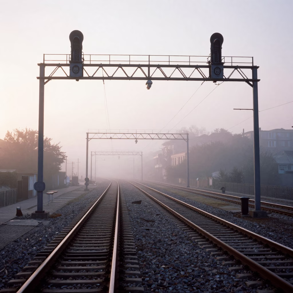 Morning Light on Porto Railway Tracks with Signal Gantry and Mist in in Porto, Portugal