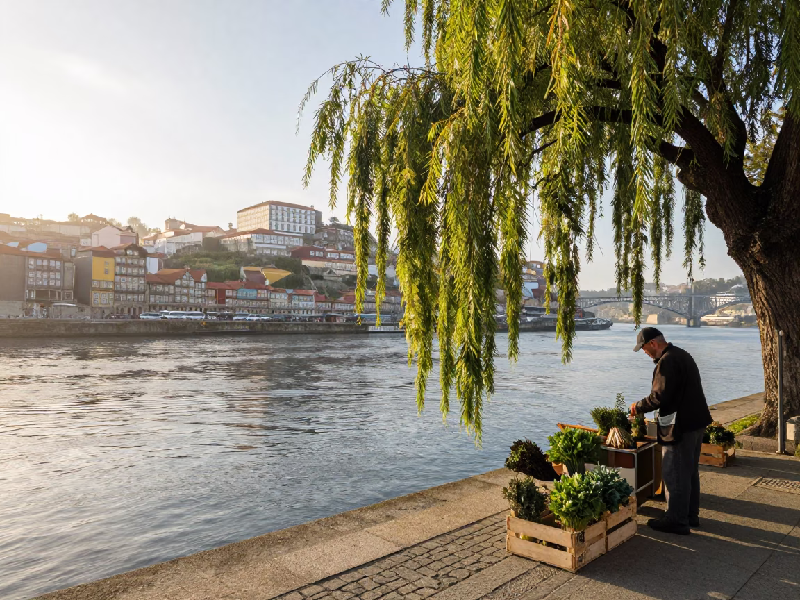 Morning Light on Porto Riverfront with Weeping Willow and Herb Vendor in in Porto, Portugal