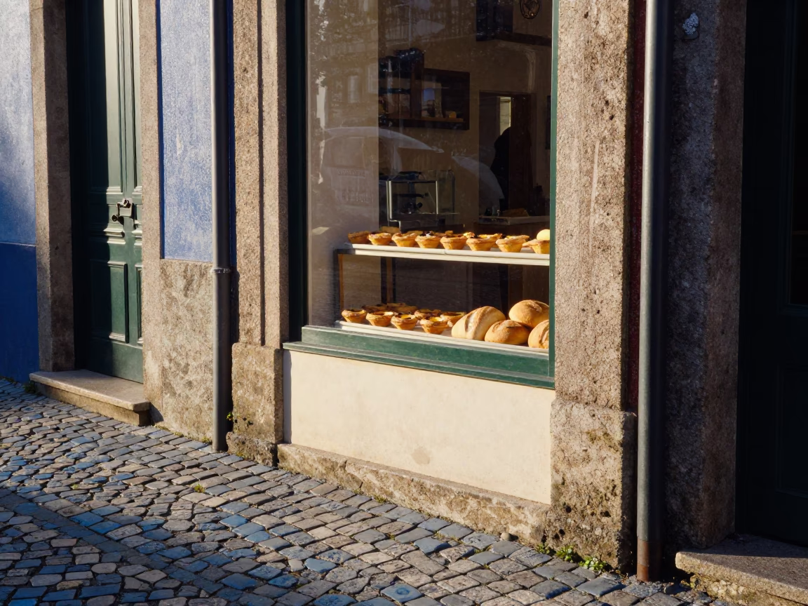 Morning Light on Porto's Historic Cobblestone Street with Local Bakery Display in in Porto, Portugal
