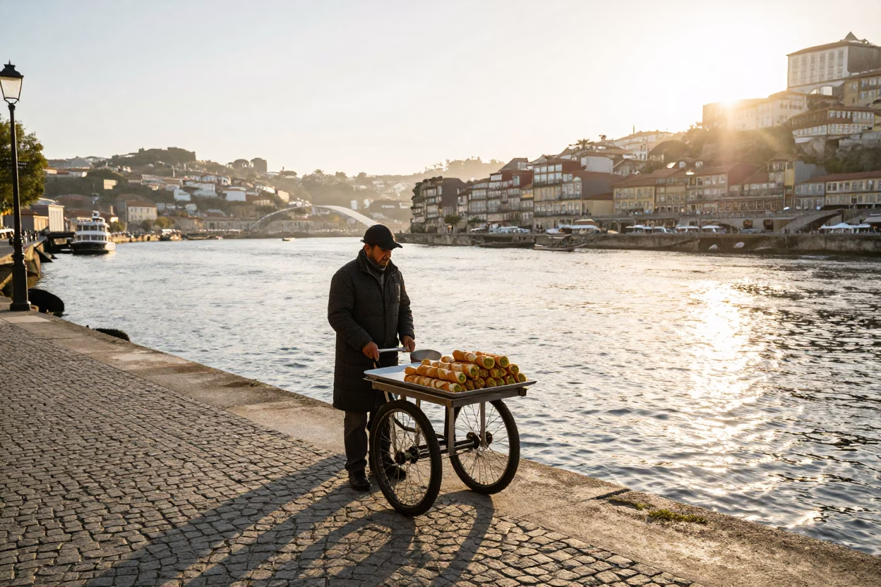 Morning Light on Porto's Ribeira Quayside with Traditional Pastries and Historic Architecture in in Porto, Portugal