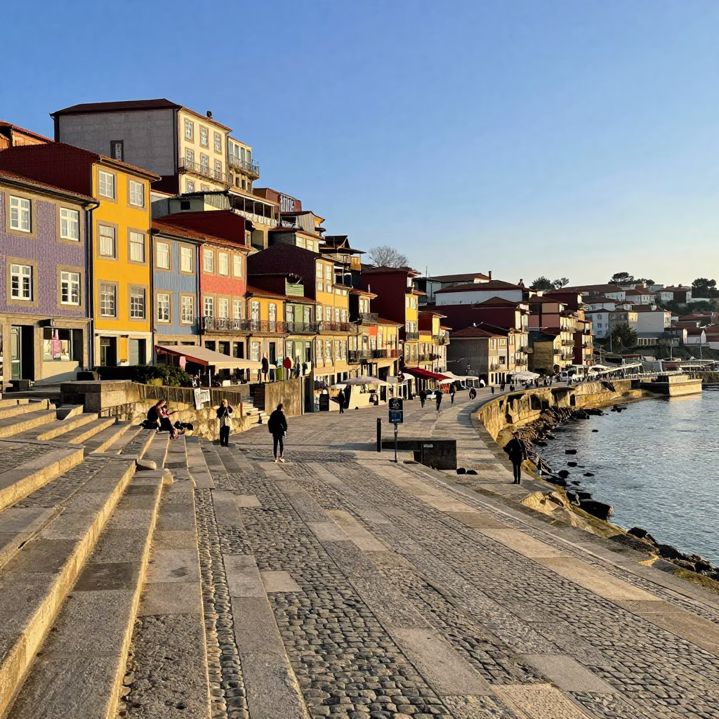 Morning Light on Porto's Ribeira Riverfront with Traditional Architecture and River Activity in in Porto, Portugal
