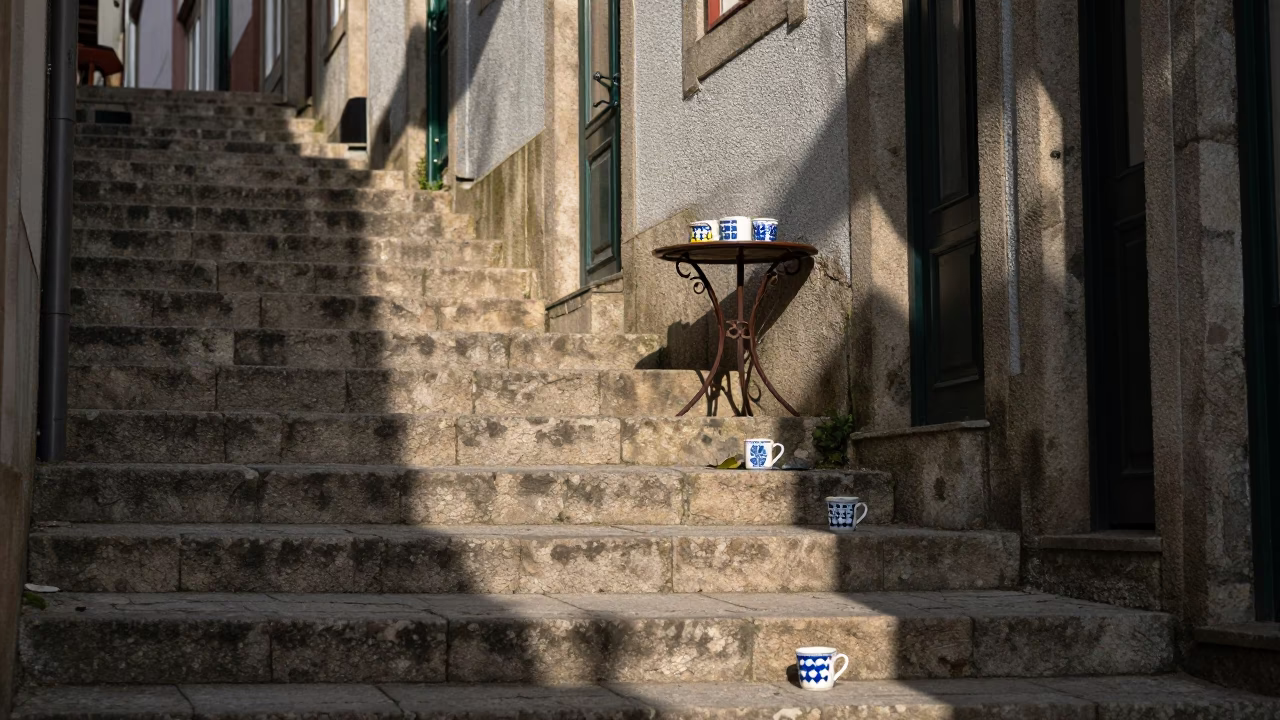 Morning light on Porto stone stairs with ceramic mugs and wine glass in in Porto, Portugal