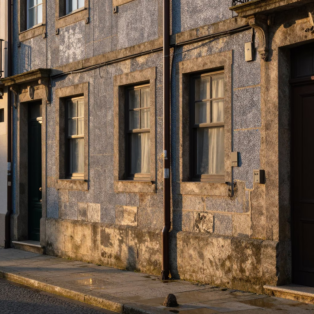 Morning light on Porto stone walls and wet pavement near Douro River in in Porto, Portugal