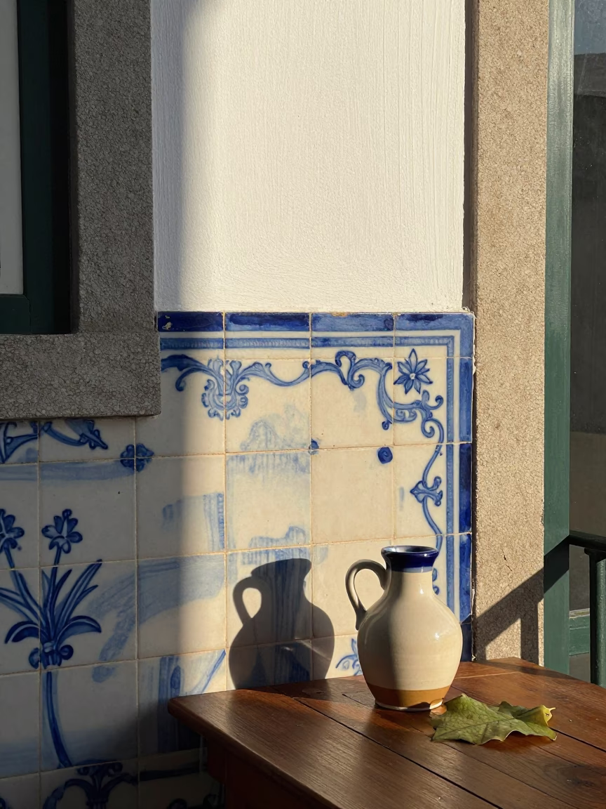 Morning Light on Porto Terrace with Bottle and Leaf Shadows in in Porto, Portugal
