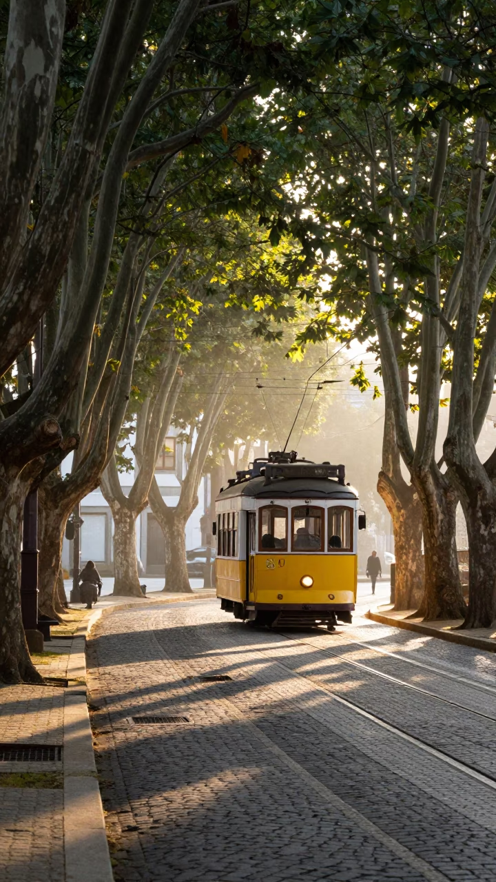 Morning Light on Porto Tram on Tree-Lined Boulevard Near Douro River in in Porto, Portugal