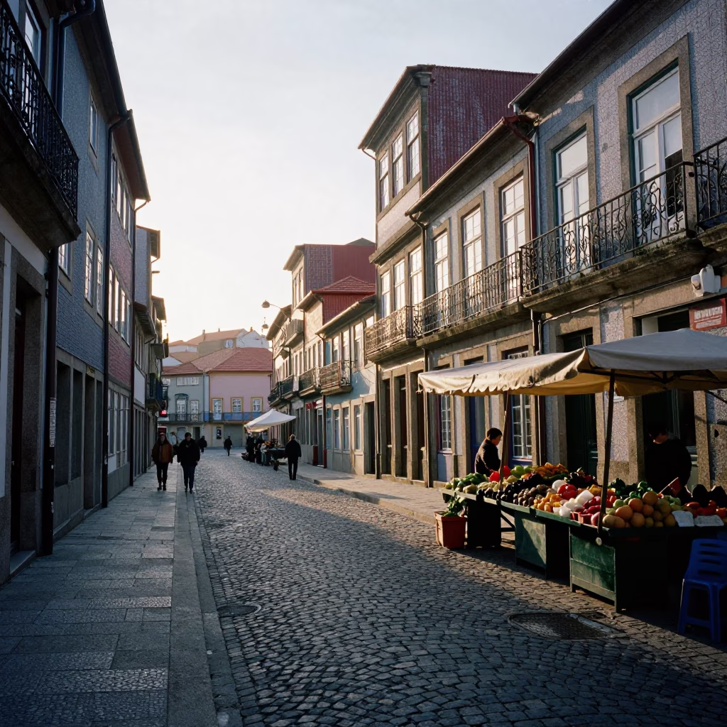 Morning Light on Porto’s Ribeira District Cobblestones with Linen Fringe Detail in in Porto, Portugal