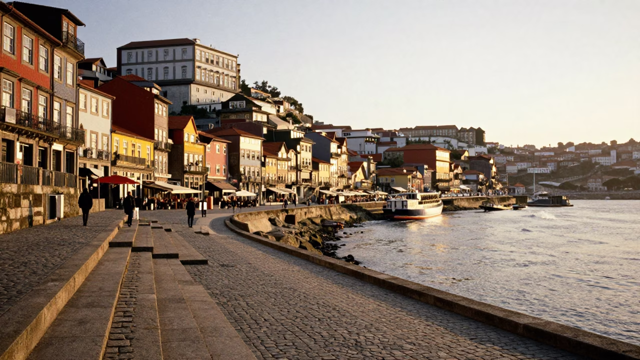 Morning Light on Porto’s Ribeira Riverfront with Traditional Azulejo Tiles and River Boats in in Porto, Portugal