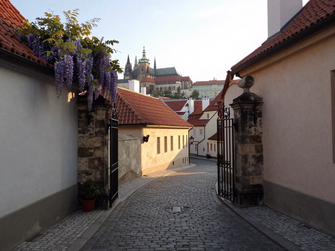 Morning Light on Prague Castle District Cobblestones with Wisteria and Gate Handle in in Prague, Czech Republic