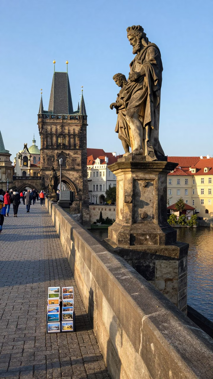 Morning Light on Prague Charles Bridge Stone Balustrade with Postcards and Chess Clock in in Prague, Czech Republic