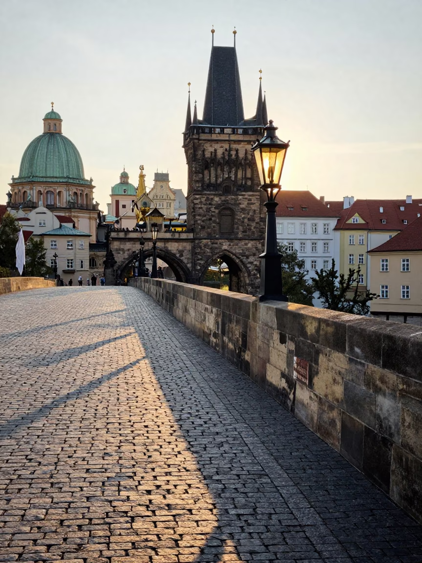 Morning Light on Prague Charles Bridge Stone Paving and Brass Lantern Detail in in Prague, Czech Republic