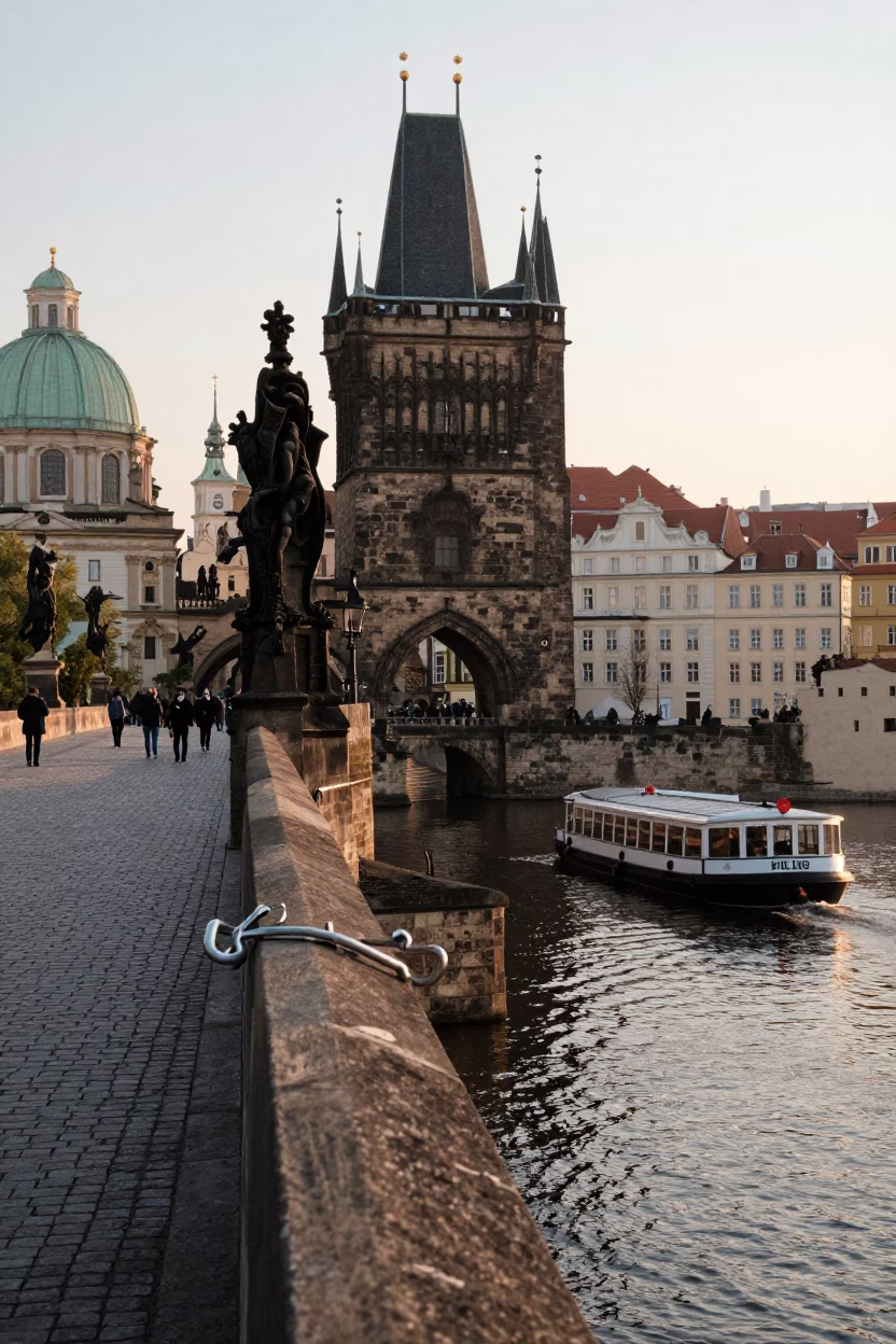 Morning Light on Prague Charles Bridge with Bicycle Ferry and Turnbuckle Details in in Prague, Czech Republic