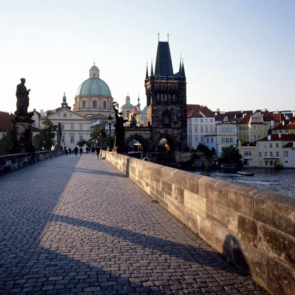 Morning Light on Prague Charles Bridge with Traditional Street Vendor and Wooden Hanger Detail in in Prague, Czech Republic