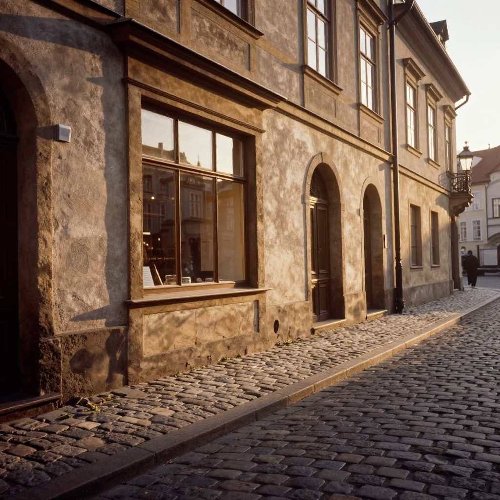 Morning Light on Prague Cobblestone Street with Shop Window Gelato Display in in Prague, Czech Republic