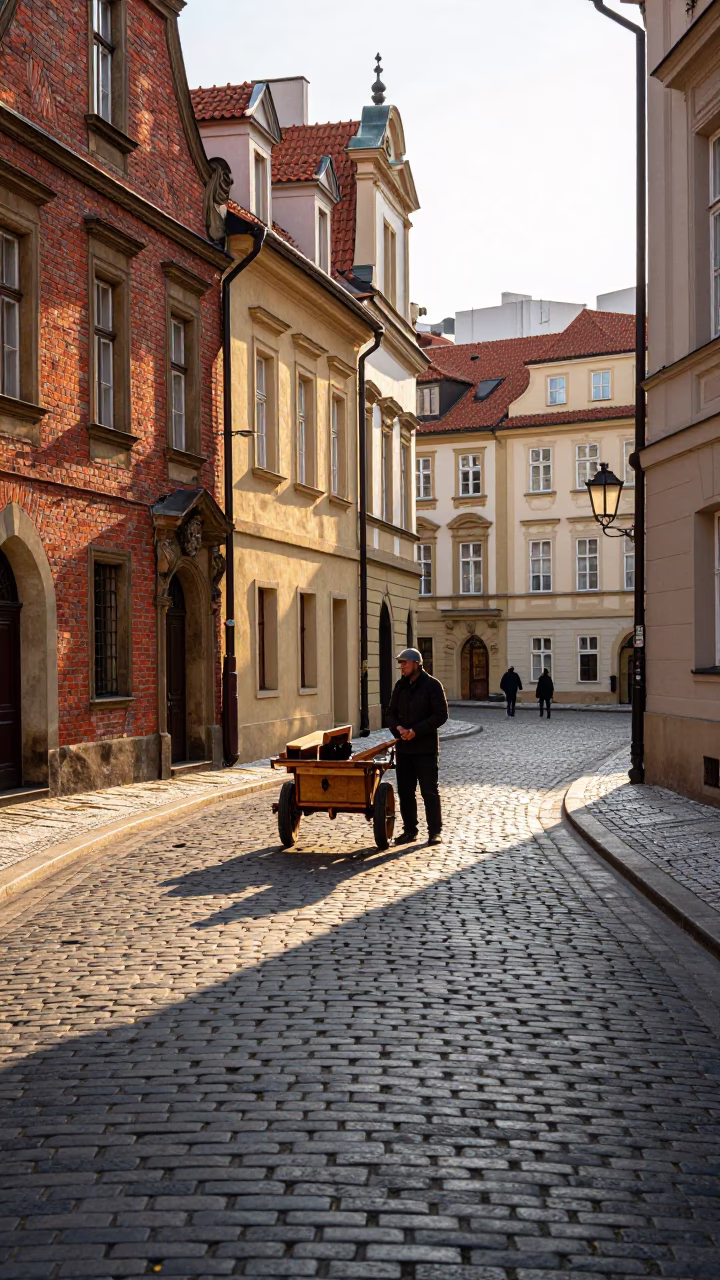Morning light on Prague cobblestone street with vendor and bicycle in in Prague, Czech Republic