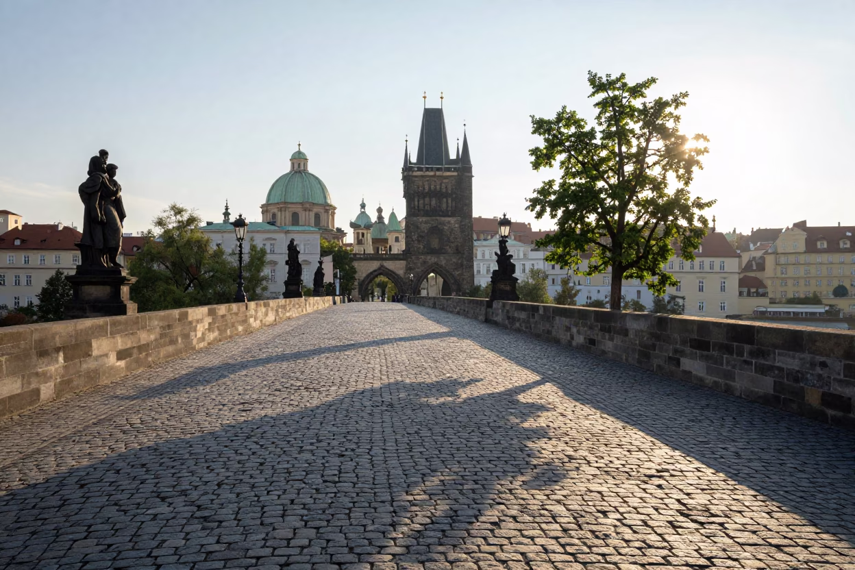 Morning light on Prague cobblestones near Charles Bridge with tree shadow in in Prague, Czech Republic