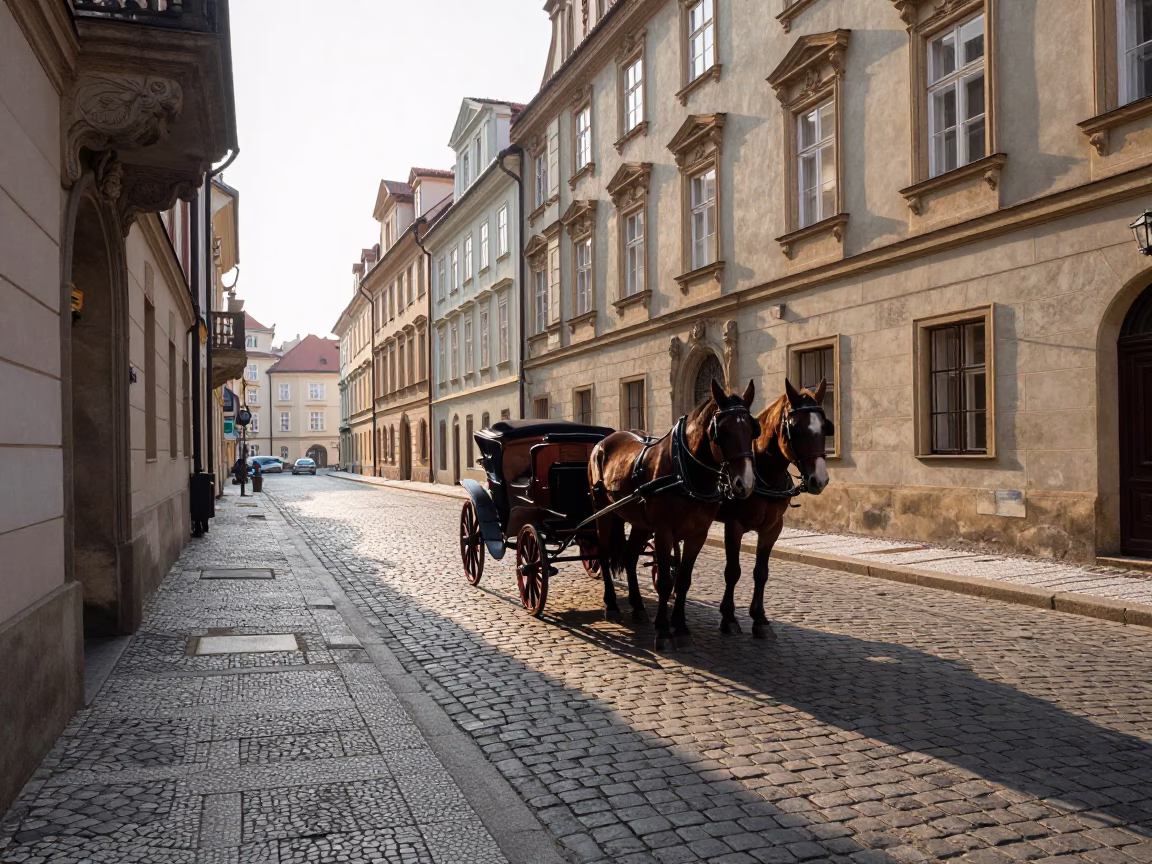 Morning light on Prague cobblestones with horse-drawn cart and traditional architecture in in Prague, Czech Republic