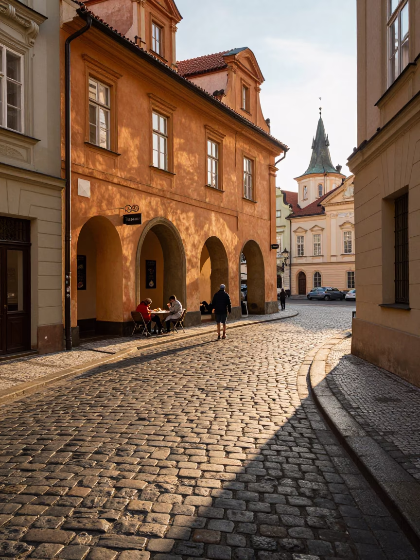 Morning light on Prague cobblestones with local breakfast scene in in Prague, Czech Republic