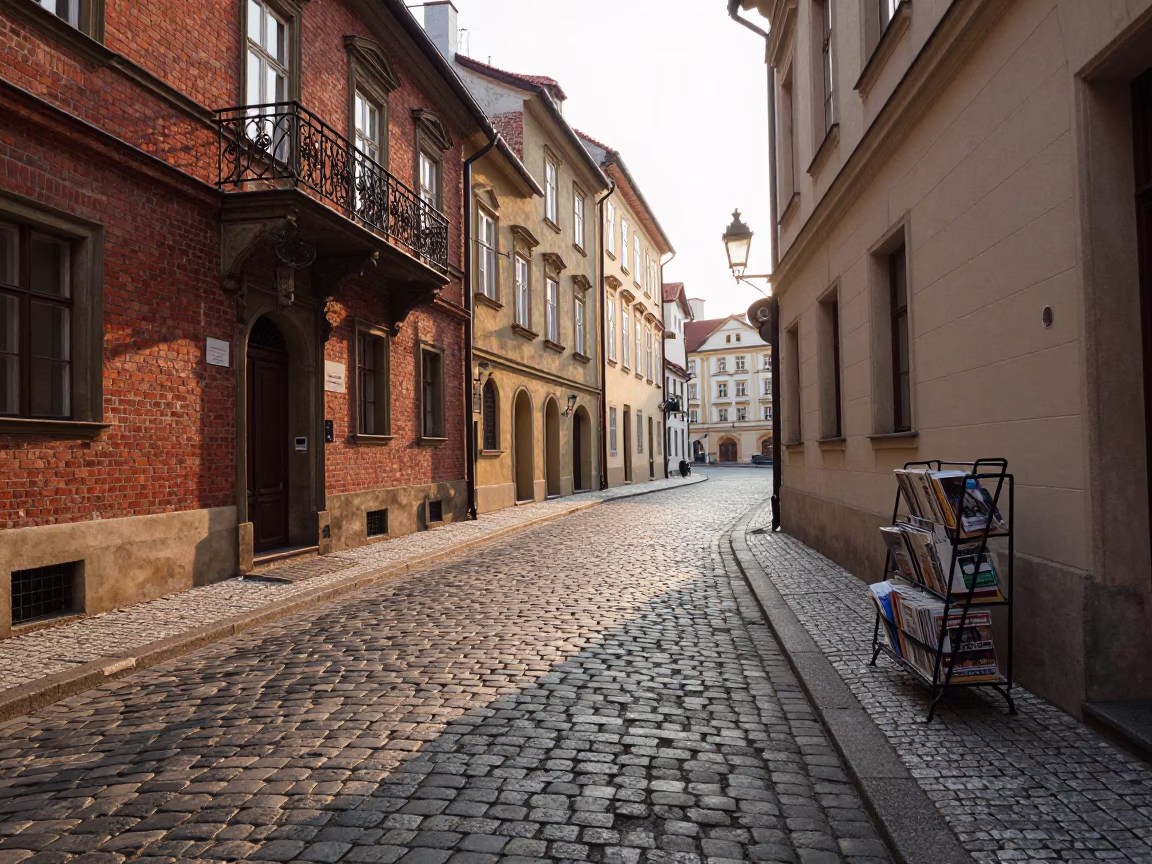 Morning Light on Prague Cobblestones with Magazine Rack and Coffee in in Prague, Czech Republic