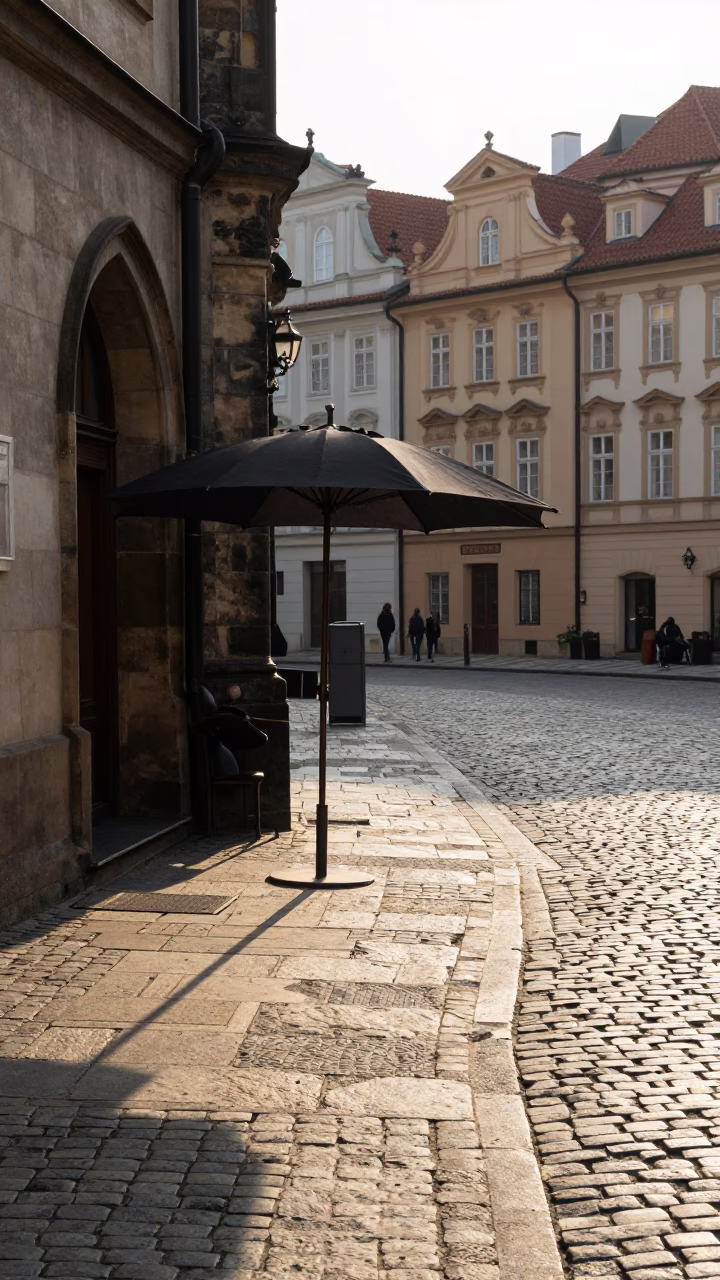 Morning Light on Prague Cobblestones with Umbrella Stand and Viaduct in in Prague, Czech Republic