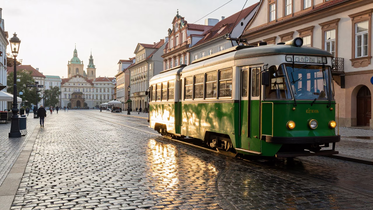Morning light on Prague cobblestones with vintage tram and street vendor in in Prague, Czech Republic