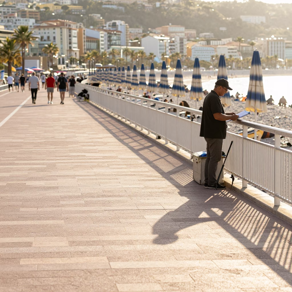 Morning Light on Promenade des Anglais with Clipboard and Umbrella in Nice in in Nice, France