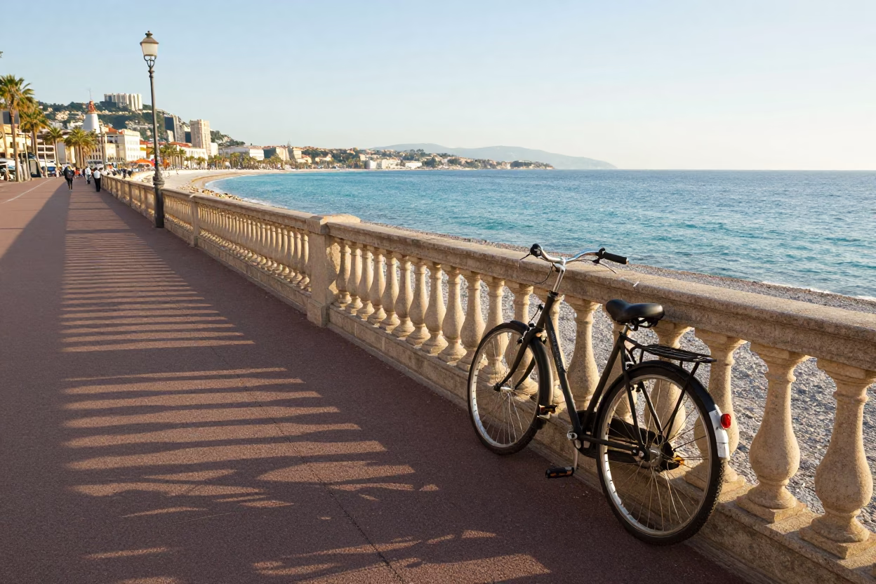 Morning Light on Promenade des Anglais with Vintage Bicycle and Stone Balustrade in in Nice, France