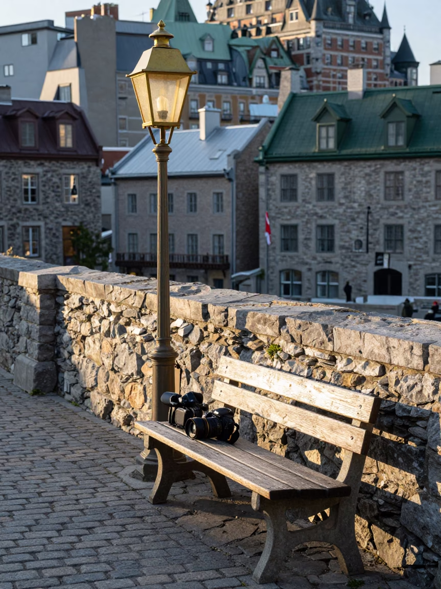 Morning light on Quebec City cobblestones with vintage brass lantern and school library cart in in Quebec City, Quebec, Canada