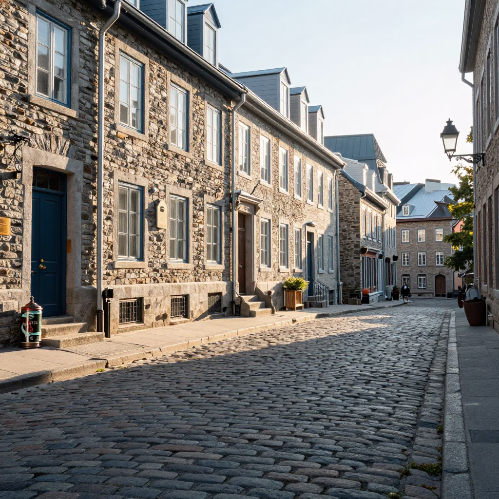 Morning Light on Quebec City Cobblestones with Vintage Tea Canister and Glass Bottle in in Quebec City, Quebec, Canada