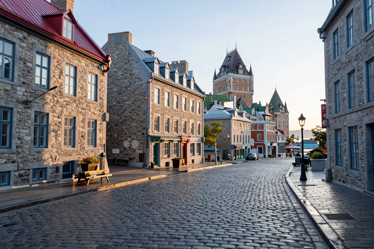 Morning Light on Quebec City Old Port Cobblestones and Historic Stone Architecture in in Quebec City, Quebec, Canada