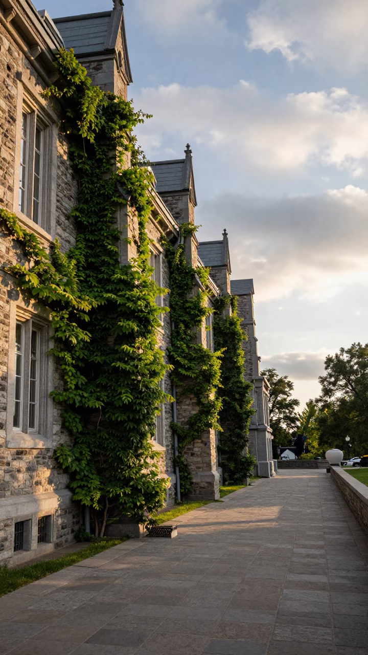 Morning Light on Quebec City Stone Cloister Walkway with Climbing Vine and Weathered Basin in in Quebec City, Quebec, Canada