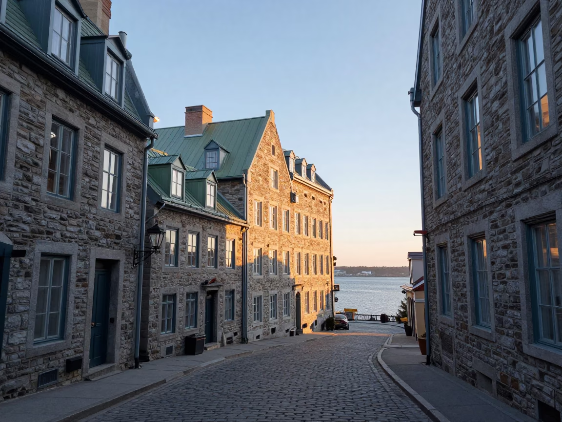 Morning Light on Quebec City Stone Facades and Old Port Waterfront in in Quebec City, Quebec, Canada