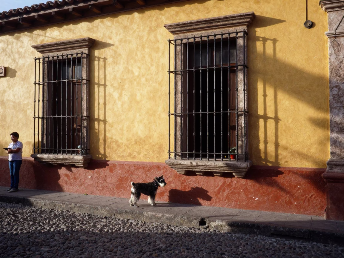 Morning light on Quito colonial balcony with local vendor and Standard Schnauzer in in Quito, Ecuador