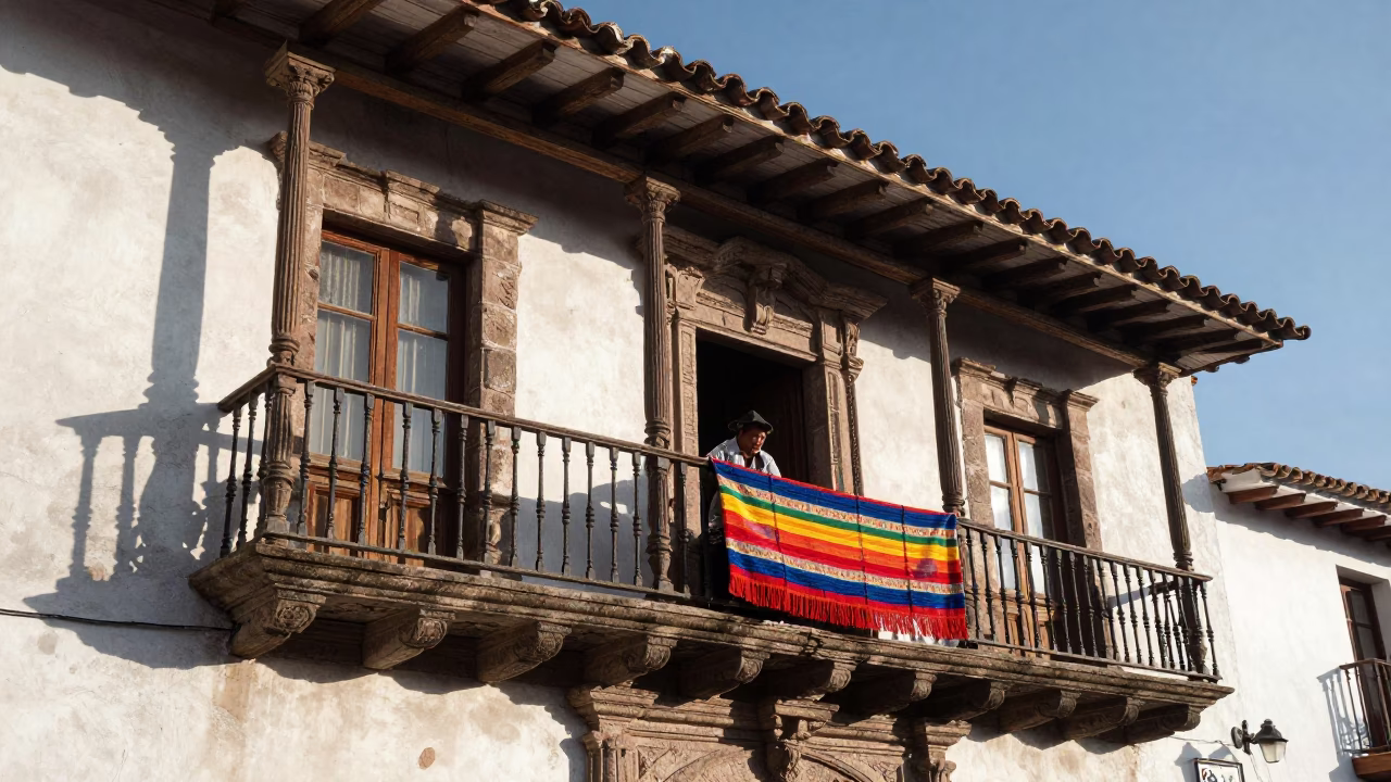 Morning light on Quito colonial balcony with traditional woven textiles and brass hardware in in Quito, Ecuador