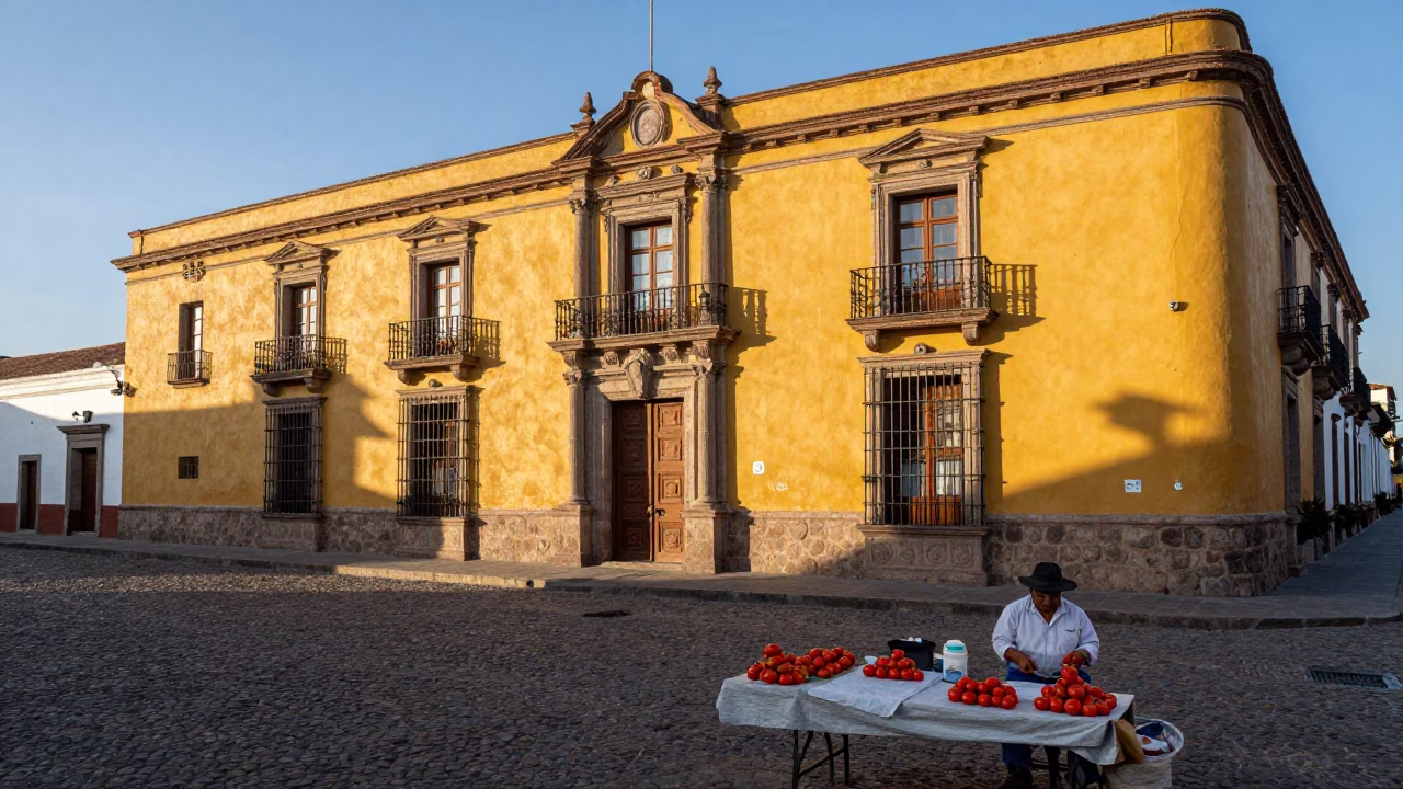 Morning Light on Quito Colonial Facade with Street Vendor and Local Transit in in Quito, Ecuador