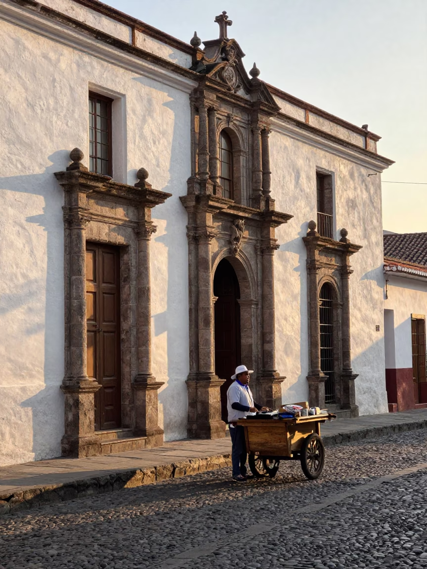 Morning Light on Quito Colonial Street with Local Vendor and Notebook in in Quito, Ecuador