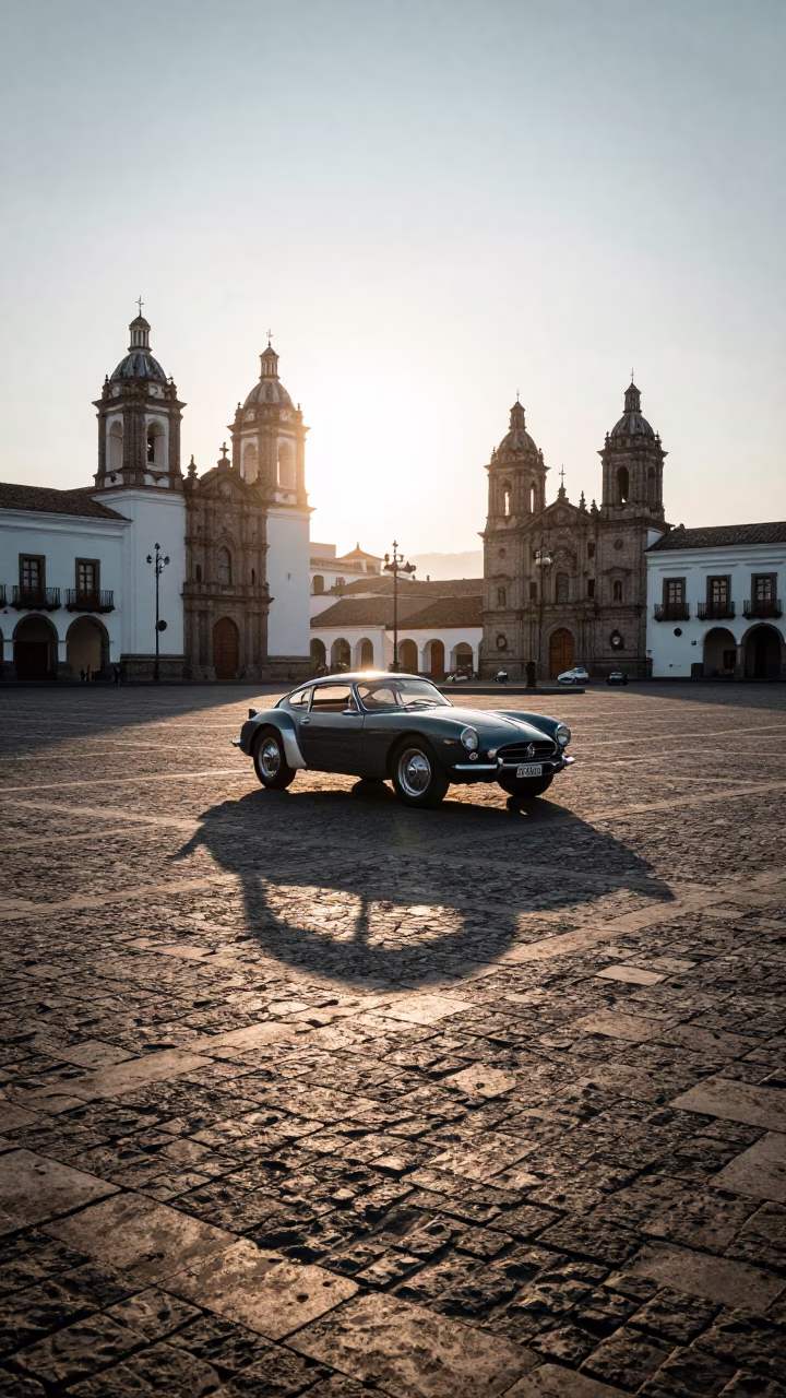 Morning Light on Quito Plaza with Wicker Shadow and Vintage Car in in Quito, Ecuador