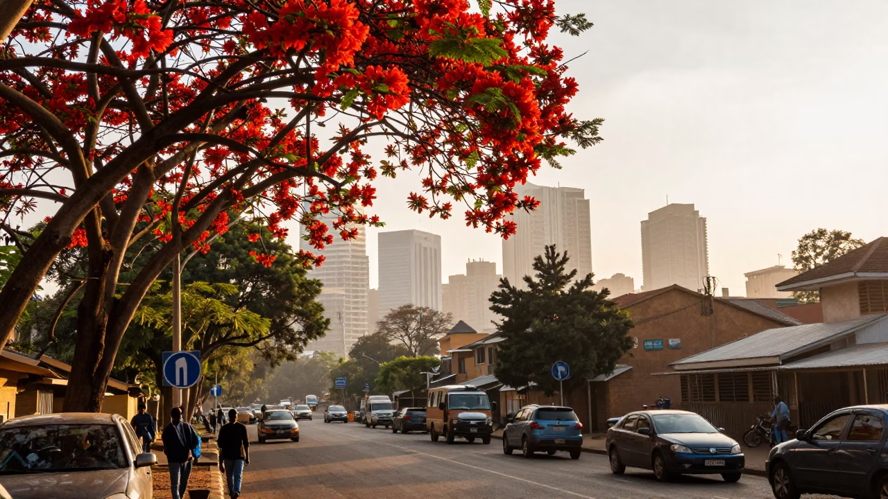 Morning Light on Red Flame Tree in Nairobi Kenya Street Scene in in Nairobi, Kenya