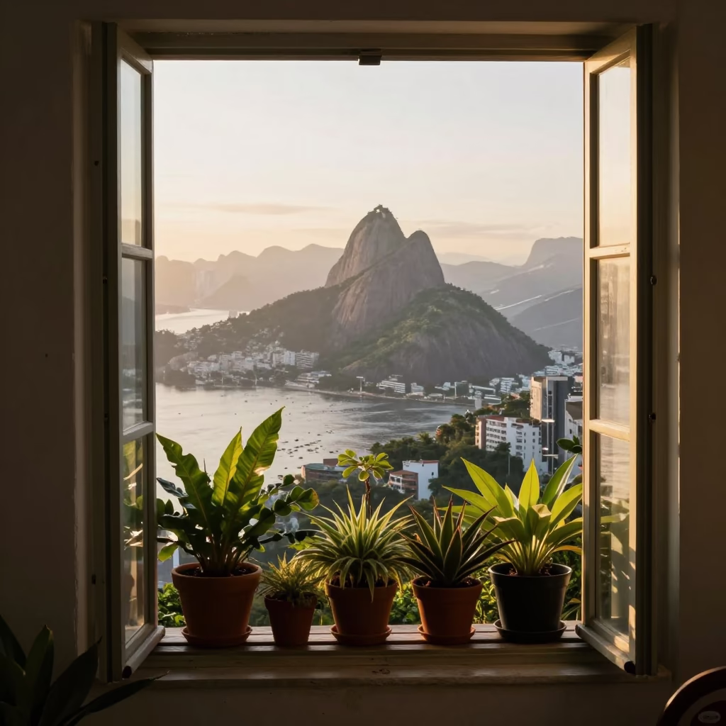 Morning light on Rio balcony with houseplants and condensation in in Rio de Janeiro, Brazil