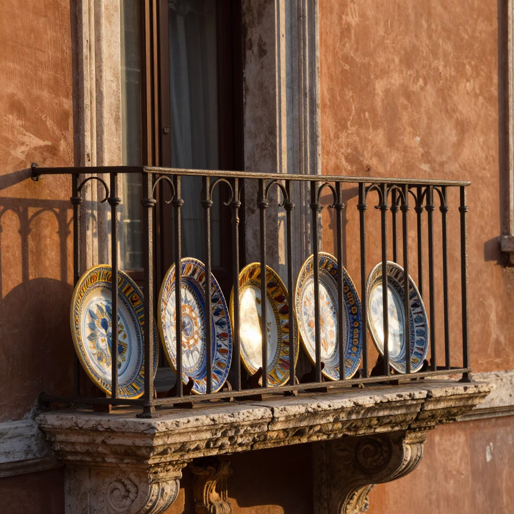 Morning Light on Roman Balcony Majolica Plates and Linen Fringe in in Rome, Italy