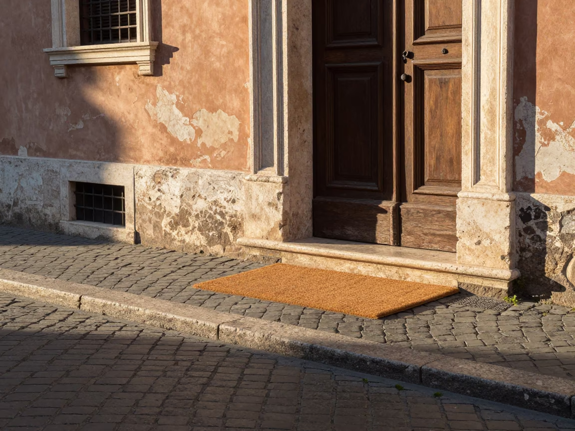 Morning Light on Roman Cobblestones with Doormat and Soap Residue Near Ancient Stone Archway in in Rome, Italy
