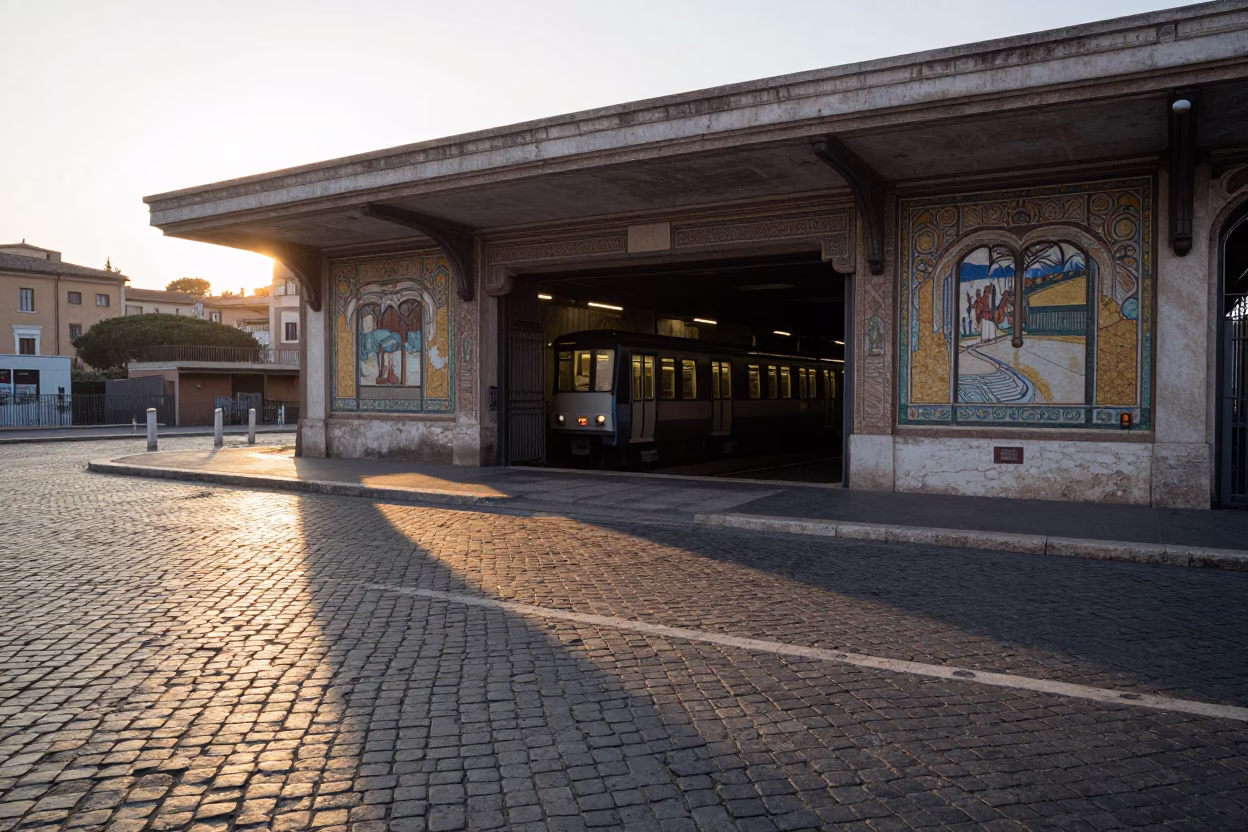 Morning Light on Roman Cobblestones with Metro Station Entrance and Local Street Life in in Rome, Italy