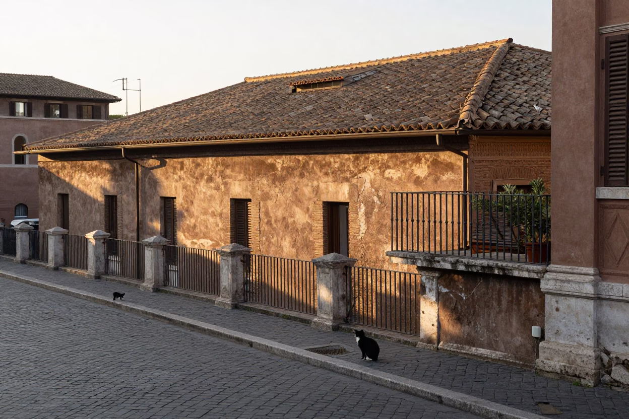 Morning light on Roman cobblestones with stray cat and local café elements in in Rome, Italy