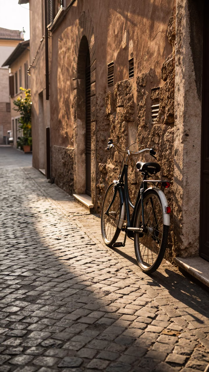 Morning Light on Roman Cobblestones with Vintage Bicycle and Coffee Cup in in Rome, Italy