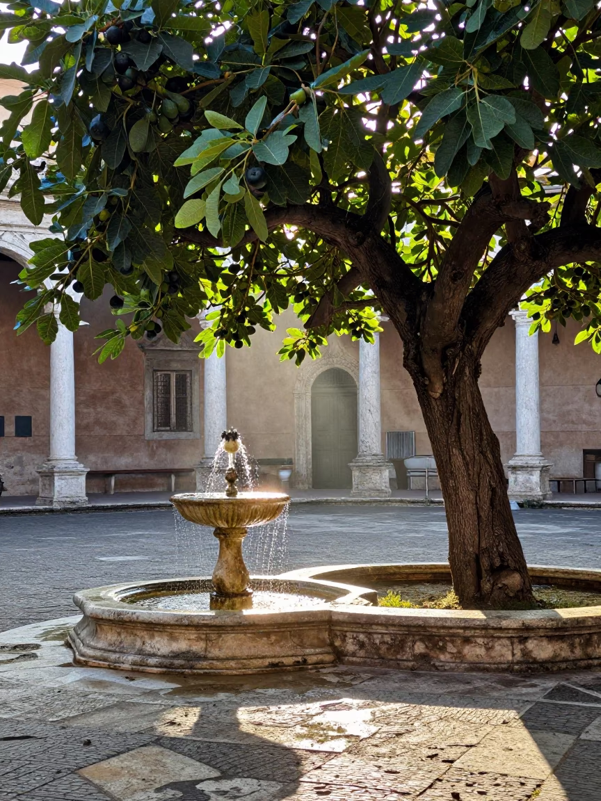 Morning Light on Roman Courtyard with Fig Tree and Stone Fountain Spray in in Rome, Italy